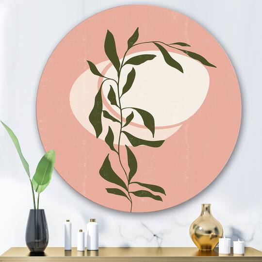 Designart - Abstract Geometrical Sun and Moon With Leaf VI - Modern Metal Circle Wall Art